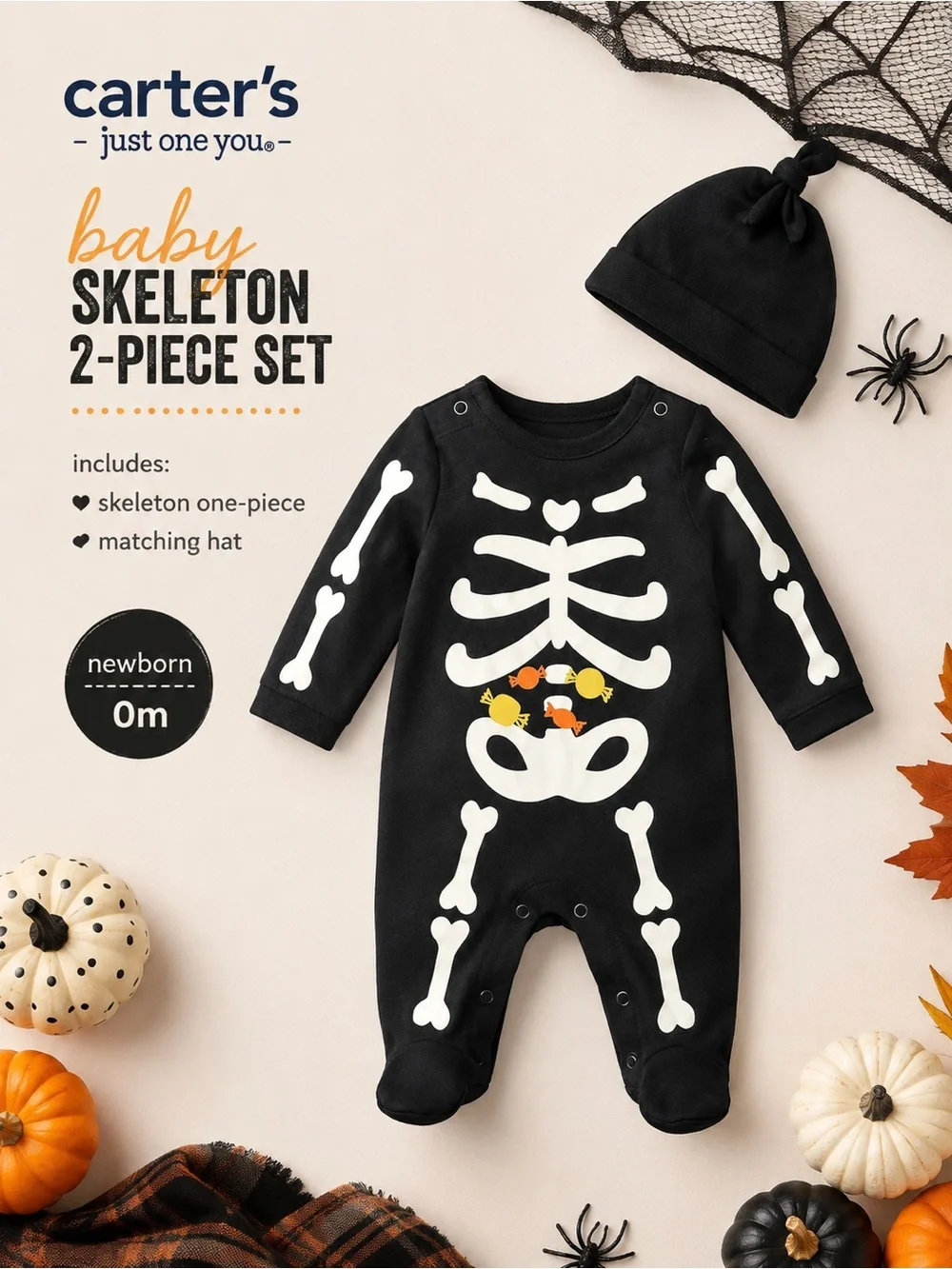 Carter's Black Baby Skeleton One-Piece with Hat